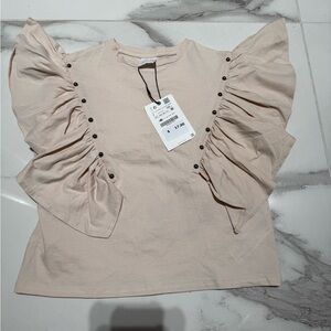 Zara Tan beige Ruffle Sleeve Tee with metal accent